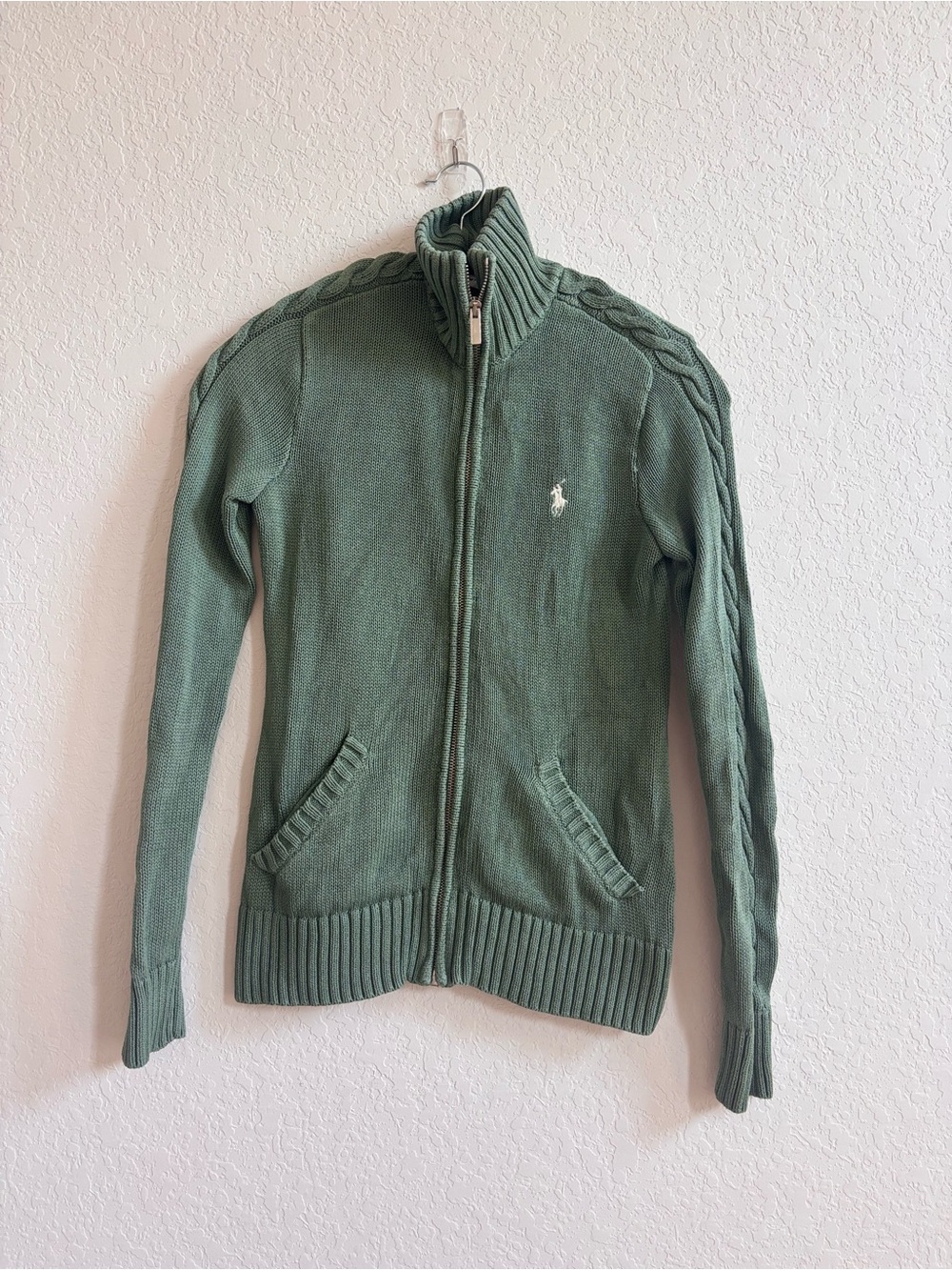 Ralph Lauren Sport Green Cable Knit Full Zip Sweater Small
